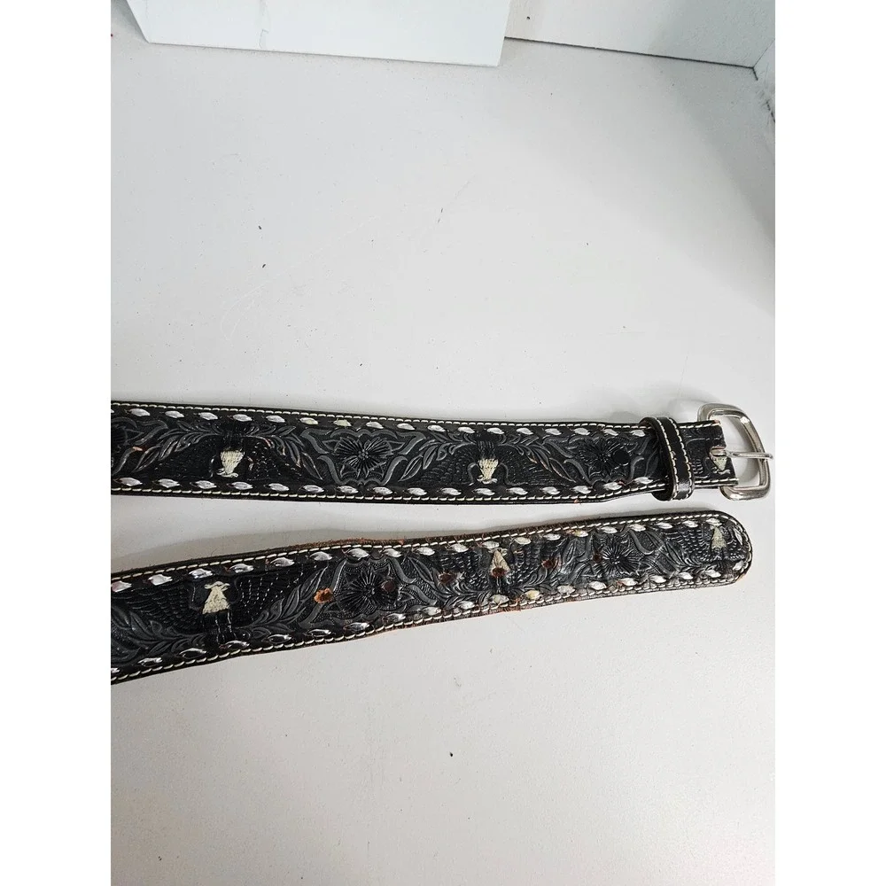 Vintage Black Tooled Leather Western Belt Eagle Floral Silver Laced USA Made 44
